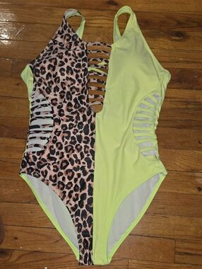 Women’s Neon Lime & Leopard One-Piece Swimsuit with Strappy Cutouts